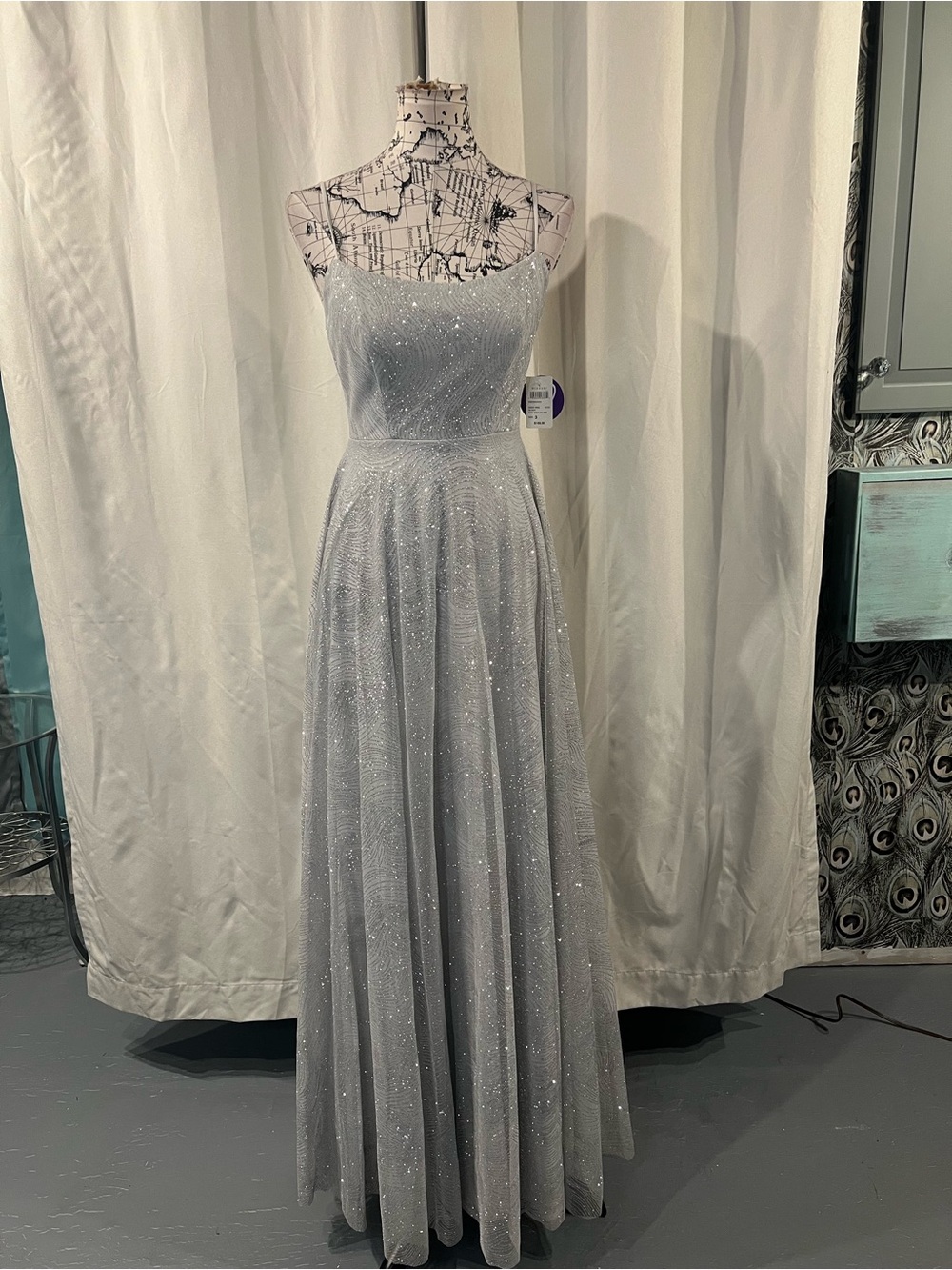 Windsor Silver Sparkle Spaghetti-Strap Prom Gown